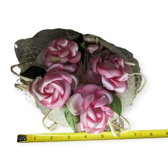 Vintage Ivory & Pink Floral Fascinator Style Hat with Net Veil - Picture 7 of 9